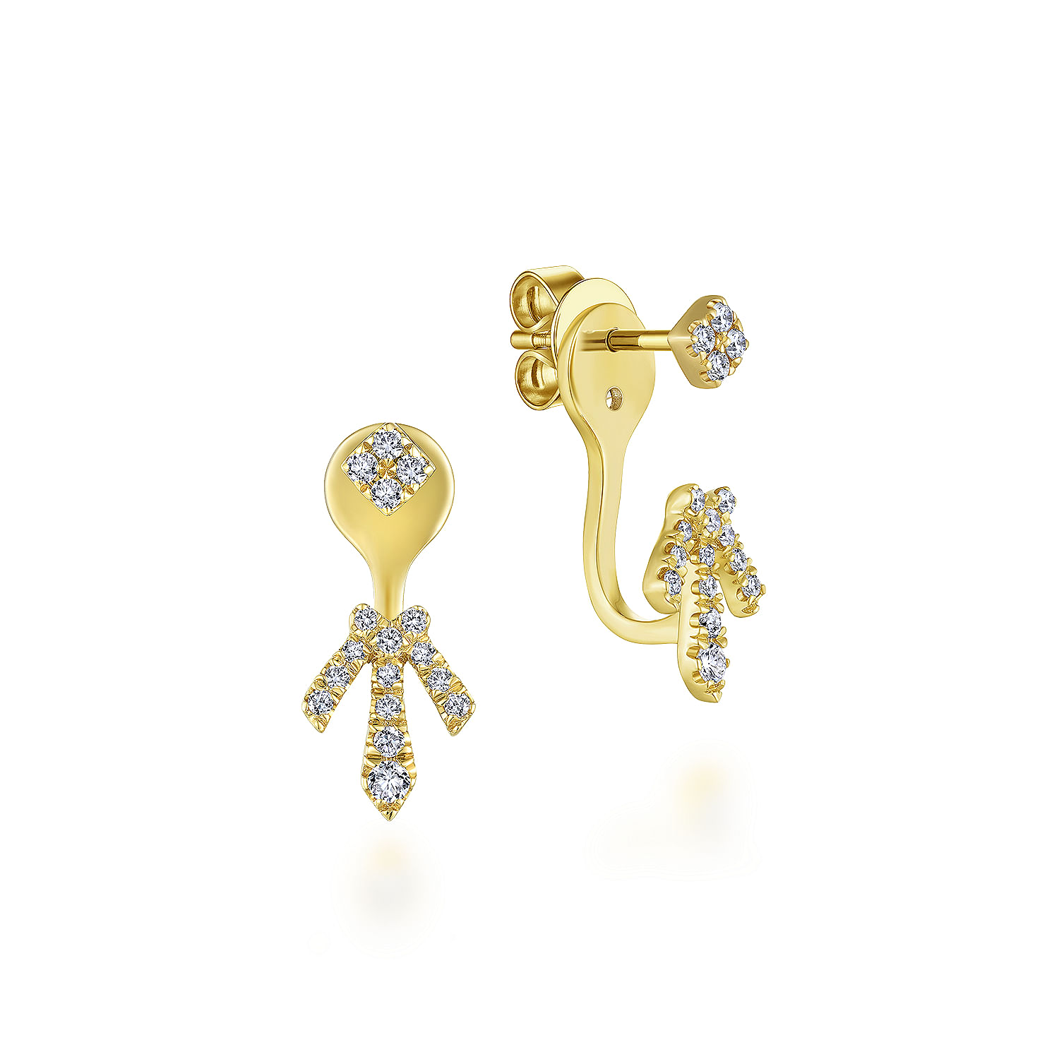 14K Yellow Gold Peek A Boo Square Stud Delicate Diamond Fan Earrings