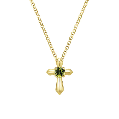 14K Yellow Gold Peridot Cross Pendant Necklace