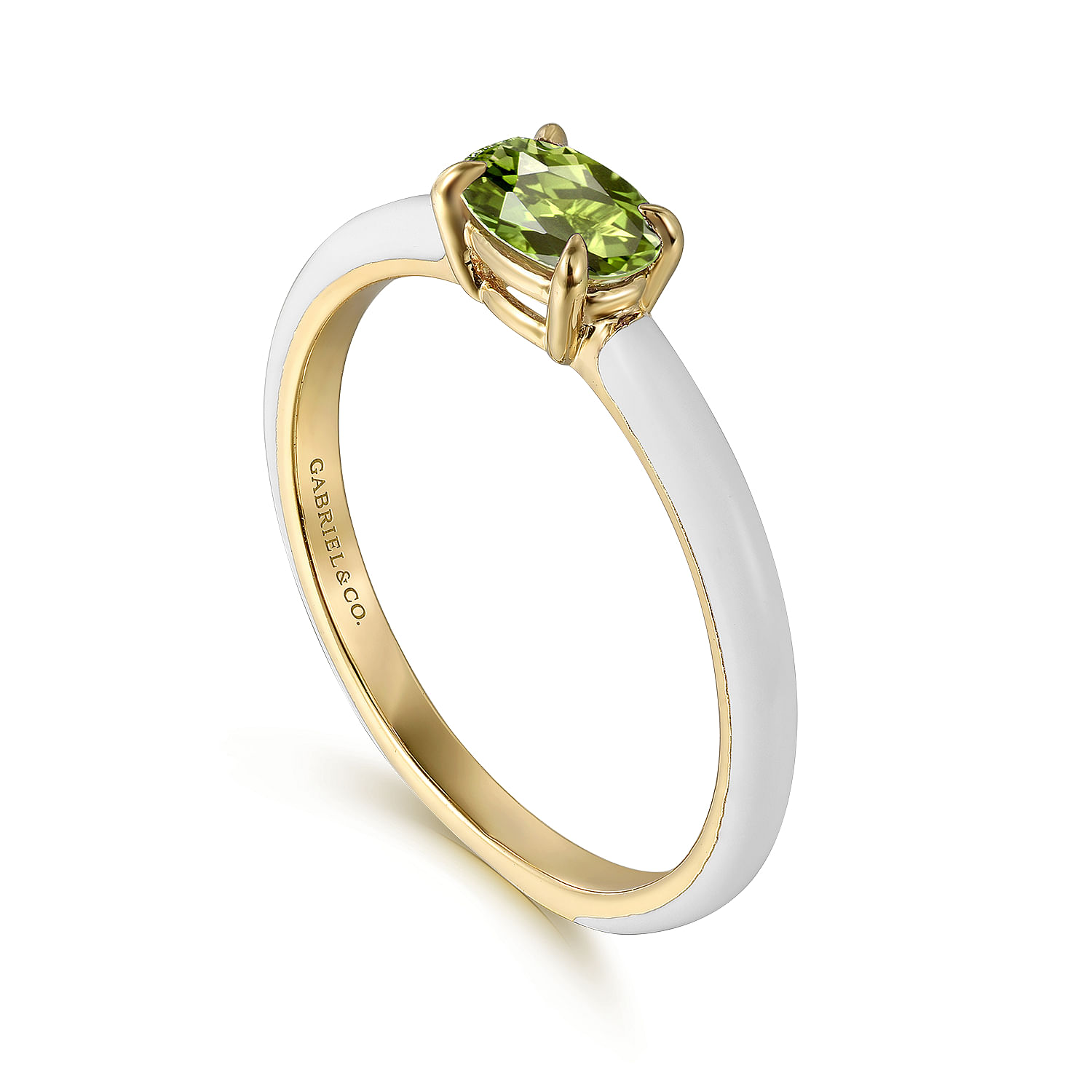 14K Yellow Gold Peridot Stackable Ring with White Enamel