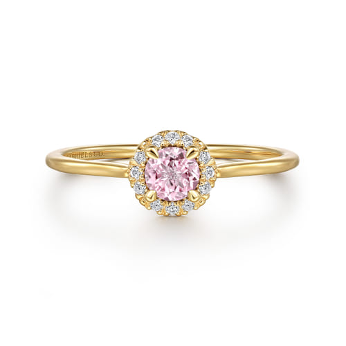 14K Yellow Gold Pink Created Cubic Zirconia and Diamond Halo Promise Ring