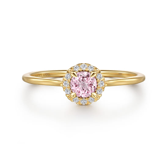 Gabriel - 14K Yellow Gold Pink Created Cubic Zirconia and Diamond Halo Promise Ring