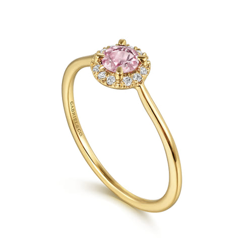14K Yellow Gold Pink Created Cubic Zirconia and Diamond Halo Promise Ring