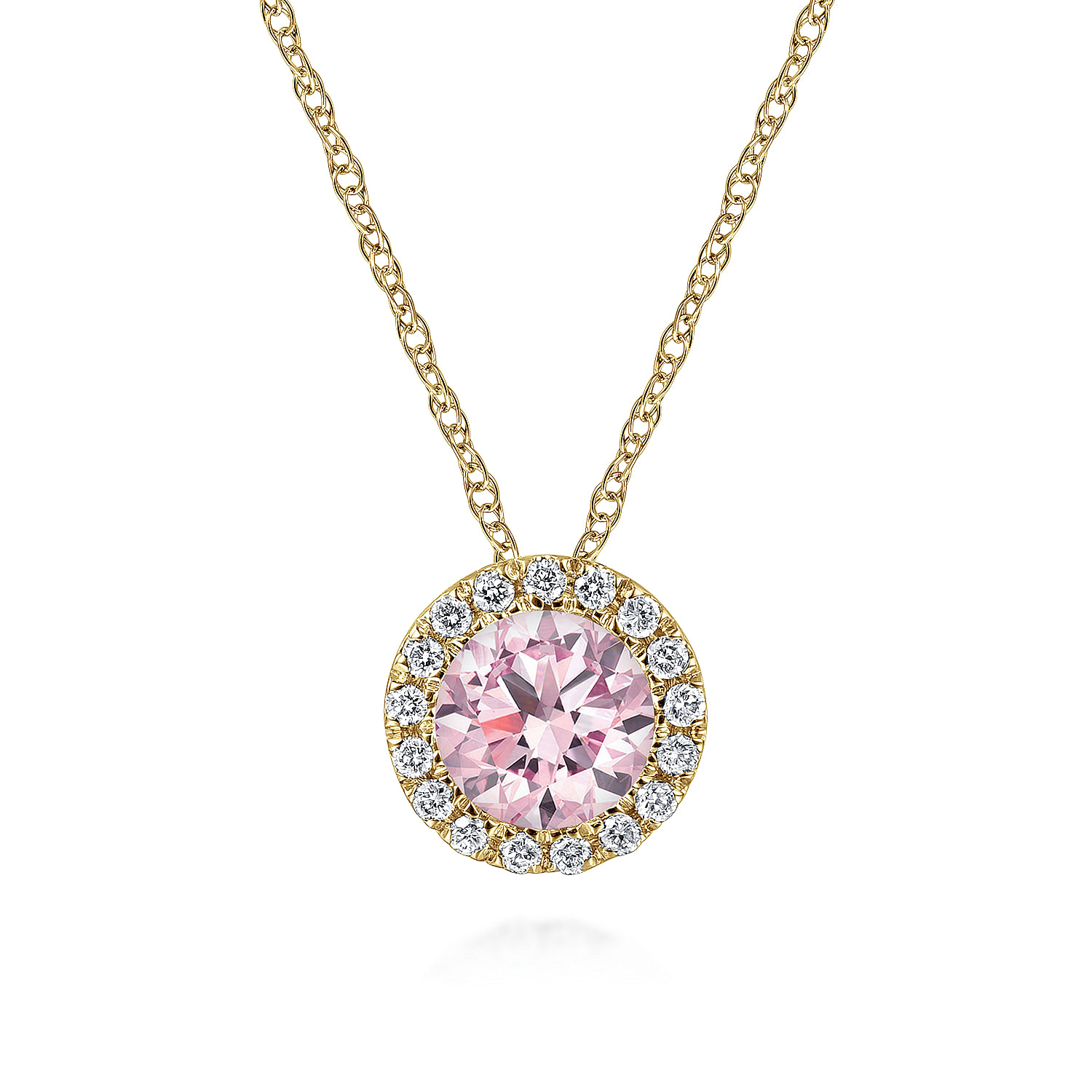 14K Yellow Gold Pink Created Zircon and Diamond Halo Pendant Necklace