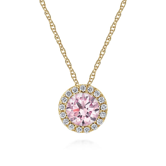 Gabriel - 14K Yellow Gold Pink Created Zircon and Diamond Halo Pendant Necklace