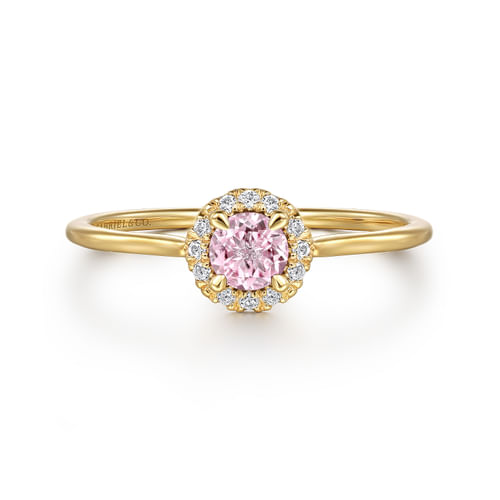 14K Yellow Gold Pink Created Zircon and Diamond Halo Promise Ring