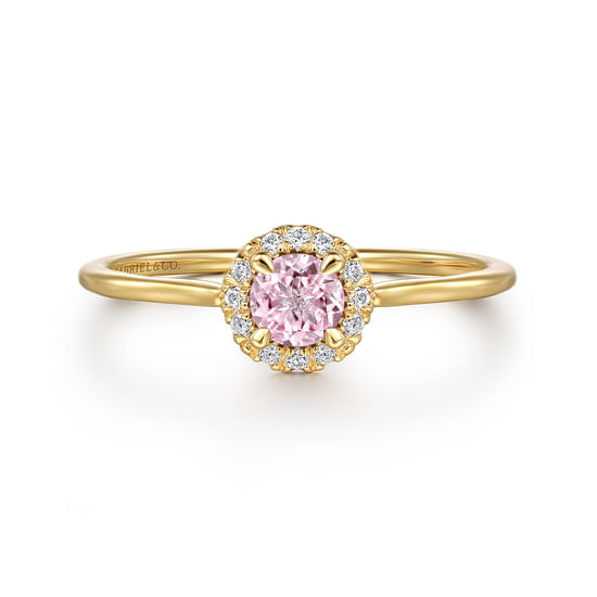 Gabriel - 14K Yellow Gold Pink Created Zircon and Diamond Halo Promise Ring