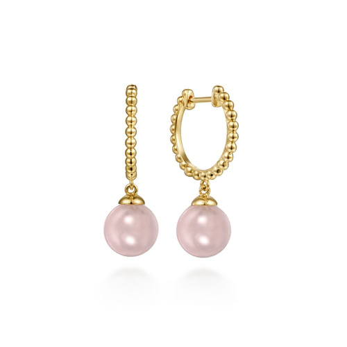 14K Yellow Gold Pink Quartz Bujukan  Huggie Drop Earrings