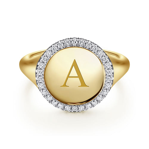 14K Yellow Gold Pinky Signet Ring with Diamond Halo