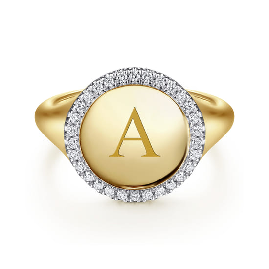 14K Yellow Gold Pinky Signet Ring with Diamond Halo angle 6