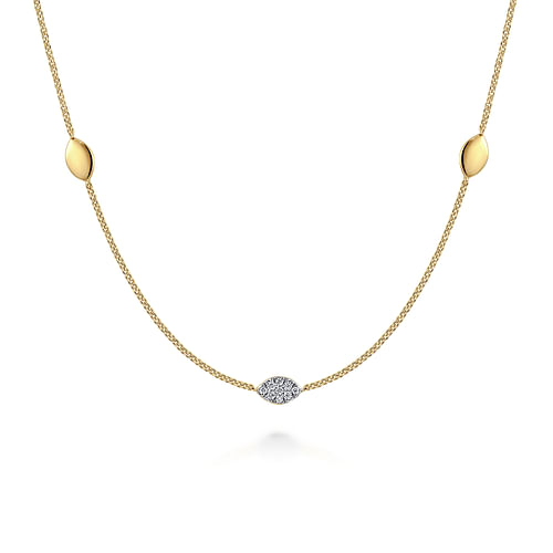 14K Yellow Gold Plain and Diamond Marquise Station Necklace