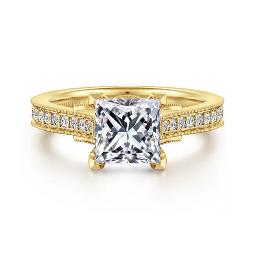14K Yellow Gold Princess Cut Lotus Diamond Engagement Ring