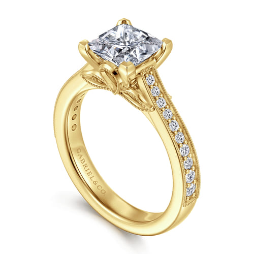 14K Yellow Gold Princess Cut Lotus Diamond Engagement Ring