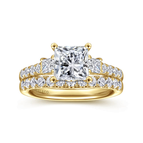 14K Yellow Gold Princess Cut Three Stone Diamond Engagement Ring