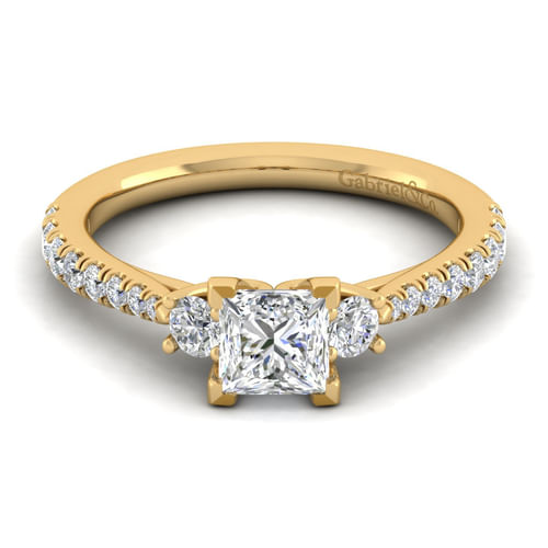 14K Yellow Gold Princess Cut Three Stone Diamond Engagement Ring
