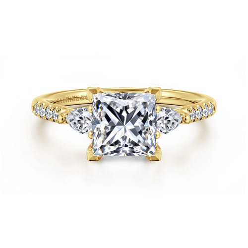 14K Yellow Gold Princess Cut Three Stone Lotus Diamond Engagement Ring