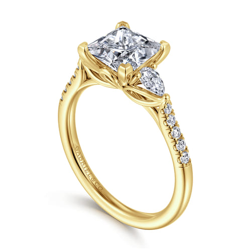 14K Yellow Gold Princess Cut Three Stone Lotus Diamond Engagement Ring