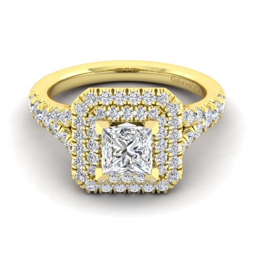 14K Yellow Gold Princess Double Halo Diamond Engagement Ring