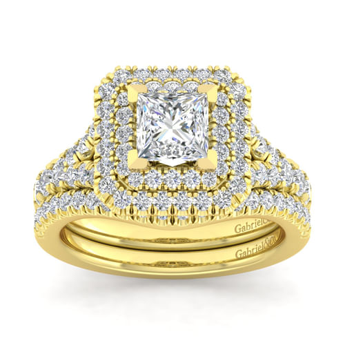 14K Yellow Gold Princess Double Halo Diamond Engagement Ring
