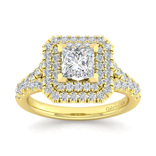 14K Yellow Gold Princess Double Halo Diamond Engagement Ring
