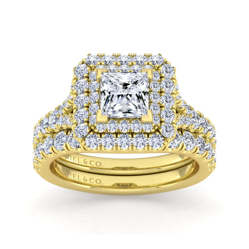 14K Yellow Gold Princess Double Halo Diamond Engagement Ring