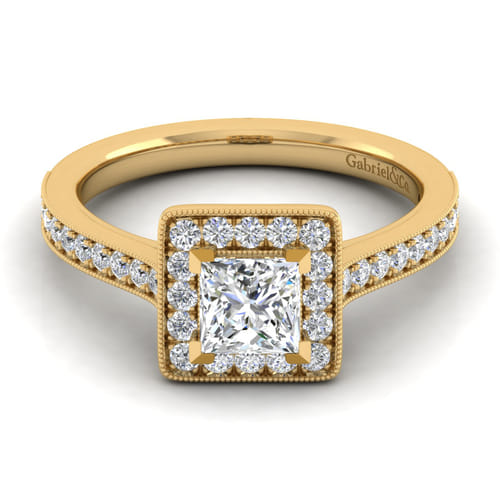 14K Yellow Gold Princess Halo Diamond Engagement Ring