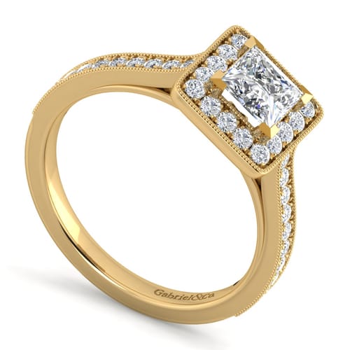 14K Yellow Gold Princess Halo Diamond Engagement Ring