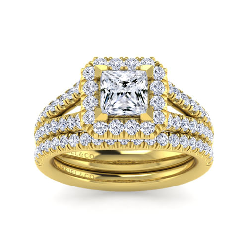14K Yellow Gold Princess Halo Diamond Engagement Ring