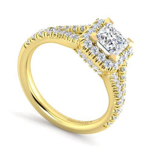14K Yellow Gold Princess Halo Diamond Engagement Ring