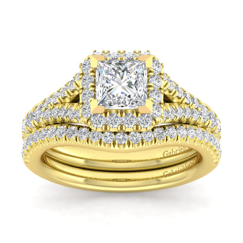 14K Yellow Gold Princess Halo Diamond Engagement Ring