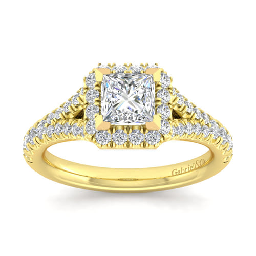 14K Yellow Gold Princess Halo Diamond Engagement Ring