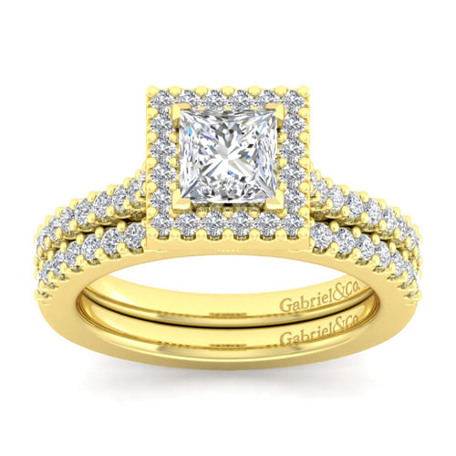 14K Yellow Gold Princess Halo Diamond Engagement Ring