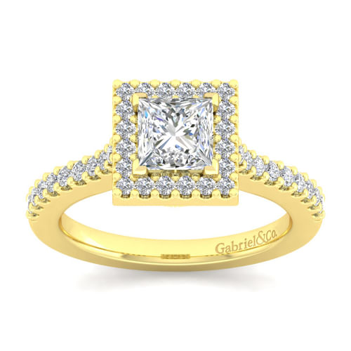 14K Yellow Gold Princess Halo Diamond Engagement Ring