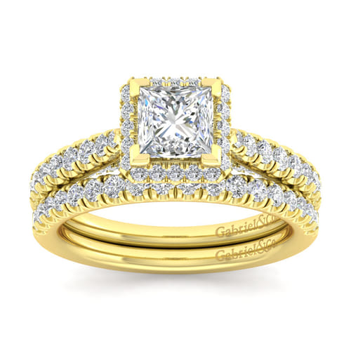 14K Yellow Gold Princess Halo Diamond Engagement Ring