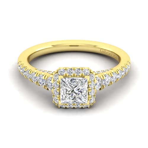 14K Yellow Gold Princess Halo Diamond Engagement Ring