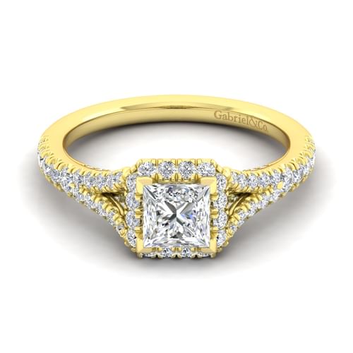 14K Yellow Gold Princess Halo Diamond Engagement Ring