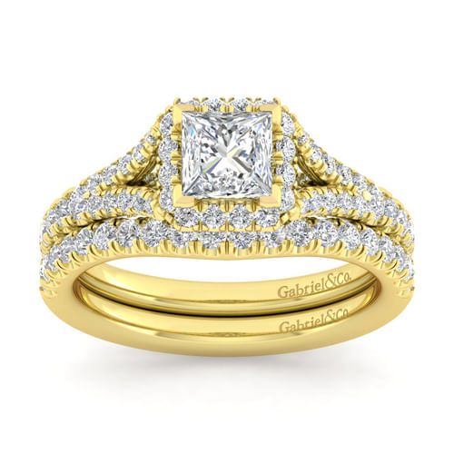 14K Yellow Gold Princess Halo Diamond Engagement Ring