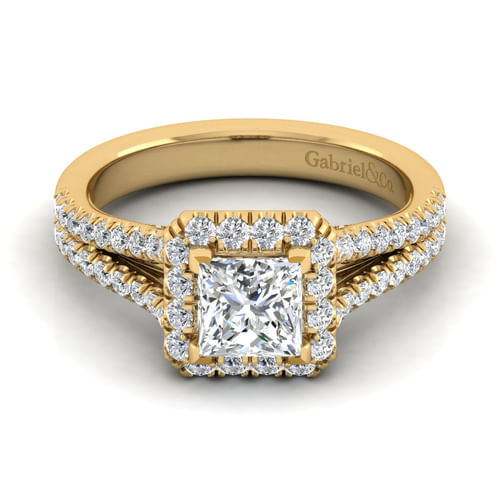 14K Yellow Gold Princess Halo Diamond Engagement Ring