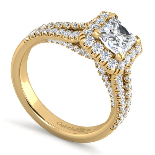 14K Yellow Gold Princess Halo Diamond Engagement Ring