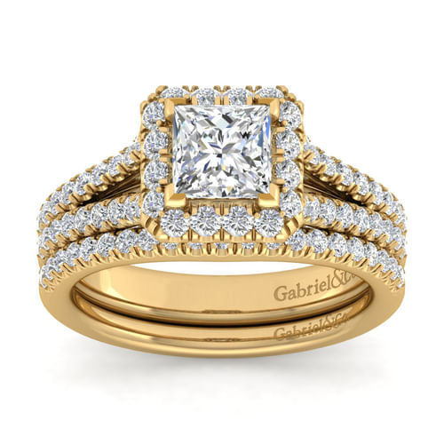 14K Yellow Gold Princess Halo Diamond Engagement Ring