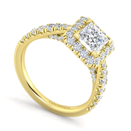 14K Yellow Gold Princess Halo Diamond Engagement Ring