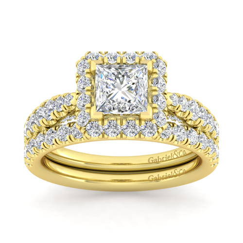 14K Yellow Gold Princess Halo Diamond Engagement Ring