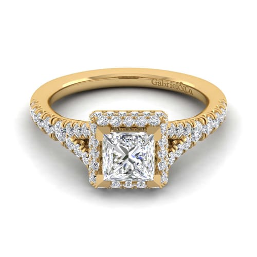 14K Yellow Gold Princess Halo Diamond Engagement Ring