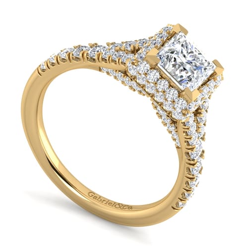 14K Yellow Gold Princess Halo Diamond Engagement Ring