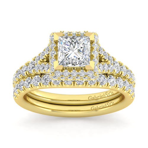 14K Yellow Gold Princess Halo Diamond Engagement Ring