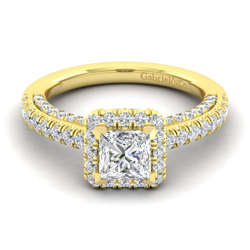 14K Yellow Gold Princess Halo Diamond Engagement Ring