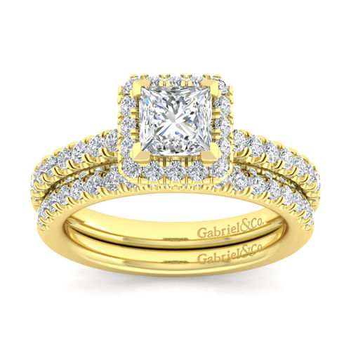 14K Yellow Gold Princess Halo Diamond Engagement Ring