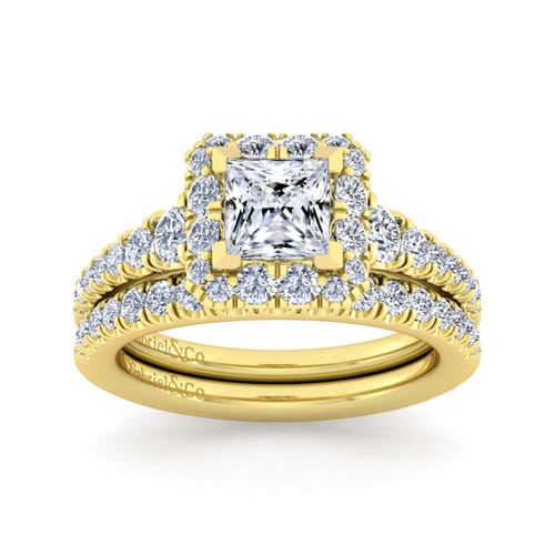 14K Yellow Gold Princess Halo Diamond Engagement Ring