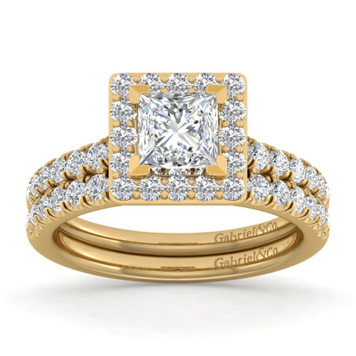 14K Yellow Gold Princess Halo Diamond Engagement Ring