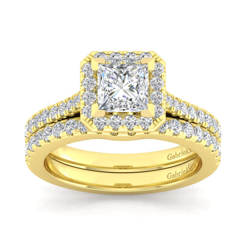 14K Yellow Gold Princess Halo Diamond Engagement Ring