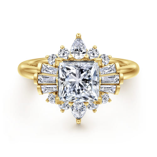 14K Yellow Gold Princess Halo Diamond Engagement Ring